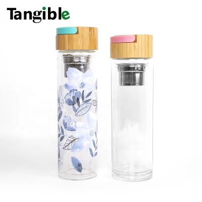 China WITH LID Wholesale Customized 550ml Crystal Column Energy Printing Silk Screen Water Natural Portable Glass Creative Bamboo Tea Cup for sale