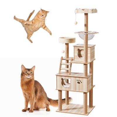 China Sustainable Wooden Cat Scratching Furniture Treehouse Housing Luxury Wooden Cat Tree High Quality Cat Style for sale