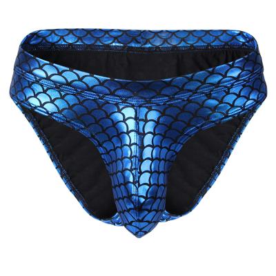 China Fish-skin anti-static leather shorts men's sexy underwear briefs low U convex waist male briefs for sale