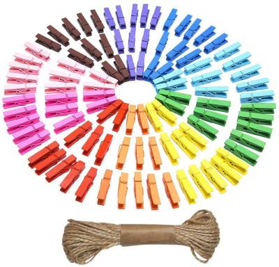 China Mini Natural Wooden Clothespins Eco-Friendly Photo Peg Pin Craft Paper Clips with Natural Twine (10 Colors) for sale