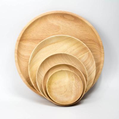 China Disposable Wooden Serving Plate Rubber Wood Round Serving Tray Fruit Dessert Cake Snack Candy Salad for sale