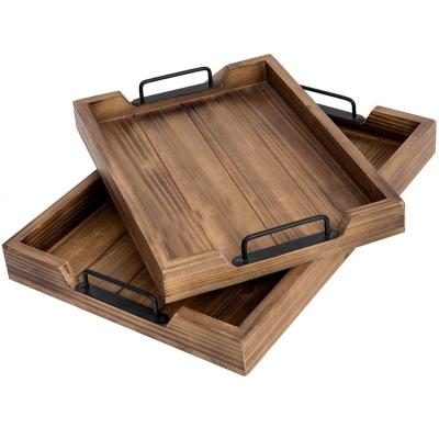 China Wood Tray Organizer Handmade Wood Rectangular Homeware Minimalism Decoration Serving Tray With Metal Handle for sale