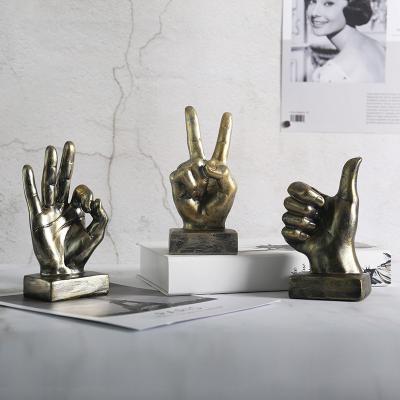 China Wholesale Polyresin Hand Gesture Desktop Finger Statues Finger Sculpture Custom Decor Minimalist Gold Bronze Silver Color Ok Victory, Big Fingers for sale