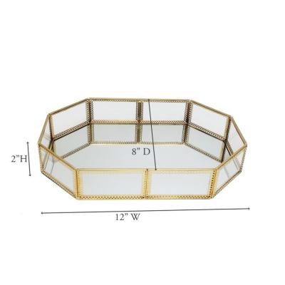 China Home organizers. Hotel. Fruit supermarket. Chain Store Eyebrow Brush Shelf Cosmetics Container Vanity Tray Gold Lace Desktop Glass Makeup Storage Box for sale