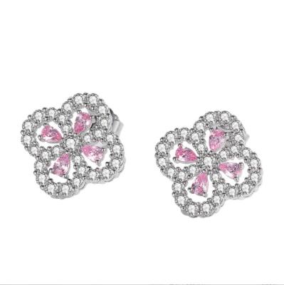 China 2021 New CLASSIC Fashion Four Leaf Flower Diamond Inlaid Pink Yellow Diamond Earrings Silver Needle Diamond Stud Earrings 925 Women's for sale