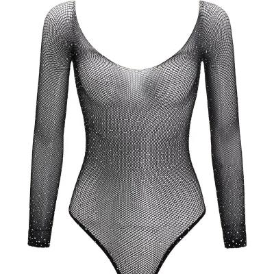 China Lingere Sexy Women Sheer Rhinestone Studded Net Teddy Bodysuit Without Lingerie Black Long Sleeve BIKINI Body Stockings for sale