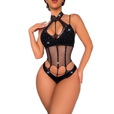 China Sexy Catsuit Women's Mesh Catsuit Rhinestone Hollow Out Sex Clothes See Through Body Stockings for sale