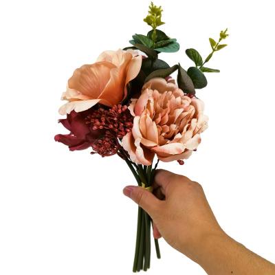 China Hot Selling Home Wedding Flowers Rose Pink Jewelry Purple Artificial Flower Peony Green Faux Silk Flower Bouquet Hand Amazon Environmental Protection Decorative Flowers for sale