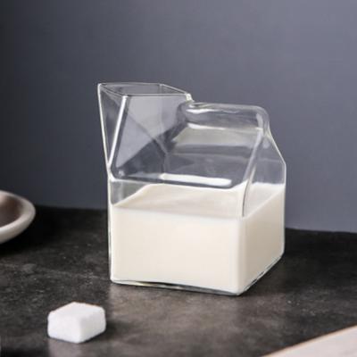 China Small Crystal Milk Box Shape Juice Glass Cube Coffee Cup Heat Resistant Bottle In Viable Cute Design for sale