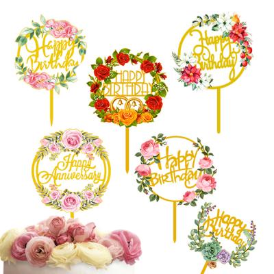 China Eco-Friendly Flowers Cake Topper Happy Birthday Gold Silver Acrylic Birthday Party Cake Insert Cake Decoration for sale