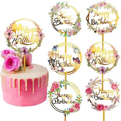 China Eco-Friendly Gold Flower Acrylic Cake Toppers Happy Birthday Cupcake Topper For Various Party Birthday Baking Decorations for sale