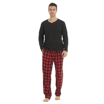 China Breathable Pajamas For Men Set Long Sleeve Henley Microfleece Shirt Plaid Flannel Pants Comfortable Plush Pajamas Sleepwear Loungewear for sale