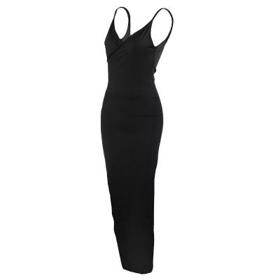 China OEM Fashion Breathable Casual Deep Black V-Neckline Custom Made Fashion Side Split Halter Backless Maxi Dress for sale