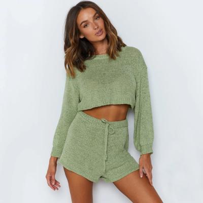 China Anti-pilling Factory Price Knit Solid Color Girls Ladies Casual O-neck Sleeve Sweater Set Shorts Pants Pretty Long 2 Piece Women Knitted Set for sale