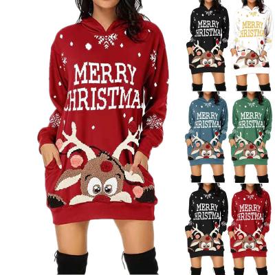 China Breathable Plus Size Sheath Long Pockets Deer Loose Hooded Pullover Women Print Christmas Hoodie Sweat Dress for sale