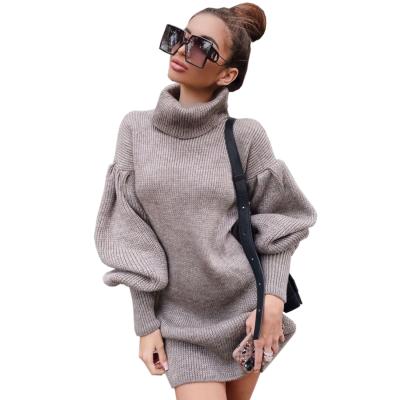 China Turtle Neck Lantern Sleeve Breathable Casual Sweater Knitted Dress Wool Women's Sweater Dress for sale