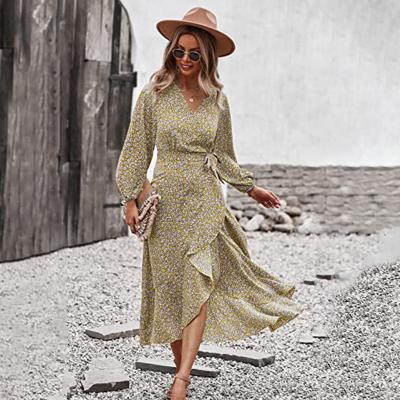 China Breathable Women Ladies Beach Maxi Dress Bohemian Print V-Neck Party Bohemian Long Sleeve Floral Casual Outfits for sale