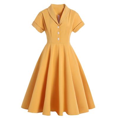 China Anti-pilling 2021 Retro Wind Hepburn Dress Women Big Swing Skirt Soft Yellow Bodycon Dress for sale