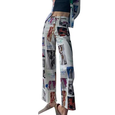 China Women Fashion Wide Leg Casual Wide Leg Pants Viable New High Waist Straight And Two Pocket Pants Print Women's Trousers for sale