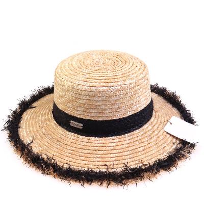 China 2021 New Fashion Character Summer Beach Nature Paper Black Fringed Straw Hat For Women And Men for sale