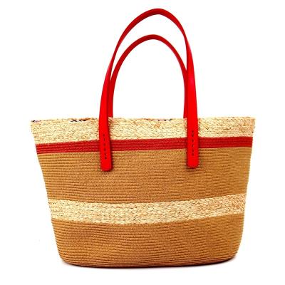 China Fashion wholesale women's beach paper braided bag with raffia decoration and top handle hand-sewn red leather handbag for sale