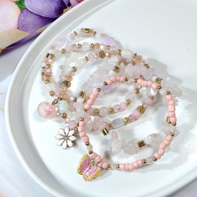 China Wholesale CLASSIC Elastic Rose Quartz Bracelet Sets with Resin Flower Butterfly Charms for Women and Girls Spring Jewelry Gift for sale