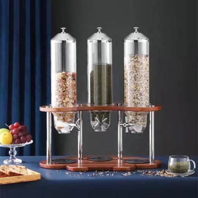 Chine Supplying Stainless Steel+Beech Wood+ PC Buffet Table Top Cereal Dispenser Food Storage Container Triple Dry Cereal Dispenser à vendre