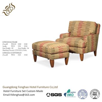 China French Countryside Strip Linen Fabric Leisure Chair Ottoman Wood Leg Upholstered Cushion for sale