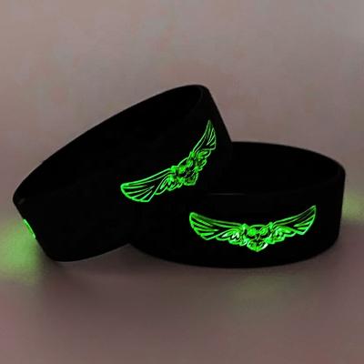 China All Personalized Ink Injected  print embossed Custom Fluorescence logo glow Rubber bracelet Silicone Wristband for sale