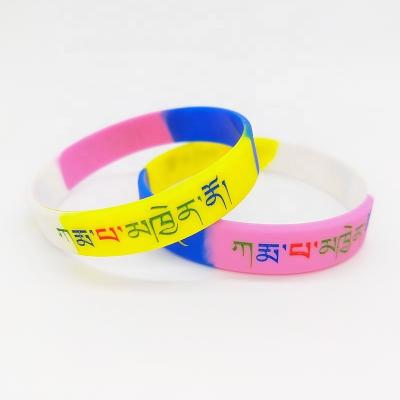 China All Colorful Ink Injected print embossed glow Custom Logo  Rubber Wristband debossed fill Rainbow Seg Silicone bracelet for sale