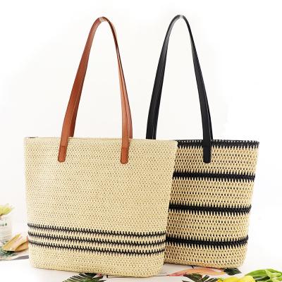 China Summer Knitting Straw Bag Ladies Beach Tote Bag Fashion Casual New Stripe for sale