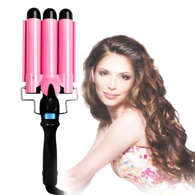 China Safety Home Use Private Label Three Barrel Wave Big Ceramic Ionic Curler Automatic Pink LCD Hair Hesitate Hair Curler for sale