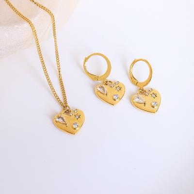 China Waterproof Ins Styles Zircon Heart Necklace Dangle Earrings Set For Women Girl 18K Gold Plated Stainless Steel Jewelry Set for sale