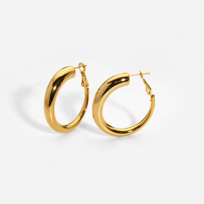 China Water Resistant New Arrival Cavity Round Tube Earrings Titanium Steel Plated 18K Real Gold Chunky Hoop Earring Jewelry for sale