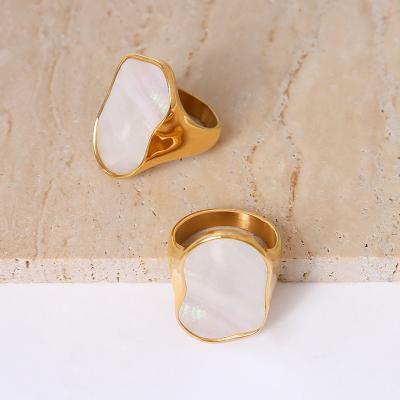 China 18K Lead Free Nickel Free PVD Plated Tasty White Shell Geometric Shaped Ring Stainless Steel Rings For Women Fashion Jewelry 2021 for sale