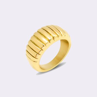 China Unique Ins Design 18K Waterproof Gold Plated Titanium Steel Crescent Texture Ring Vintage Stripes Chunky Dome Ring for sale