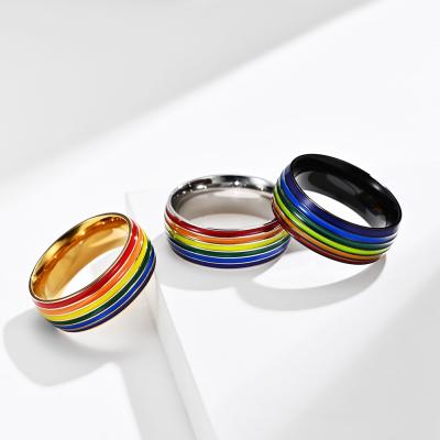 China Rainbow Colorful Mens Womens 18k Gold Plated Ring Stainless Steel Wedding Band Lesbian and Gay Rings Lead Free Nickel Free Waterproof for sale