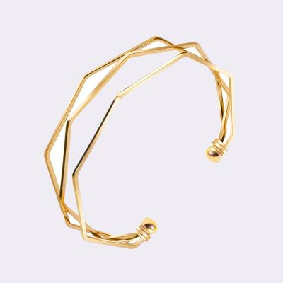 China Waterproof 316L Stainless Steel Gold Plated Three Layer Wire Adjustable Bracelet Geometric Design Opening Multilateral Cuff Bracelets for sale