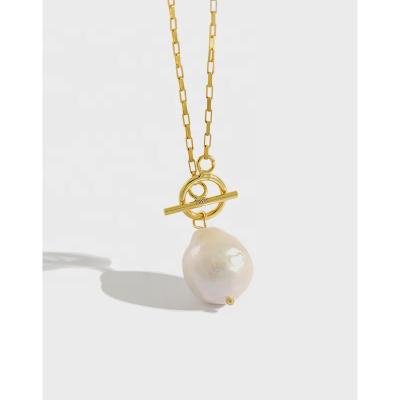 China Popular Waterproof S925 Sterling Silver OT Buckle Pearl Necklace 18K Gold Plated Natural Baroque Freshwater Pearl Pendant Necklace for sale