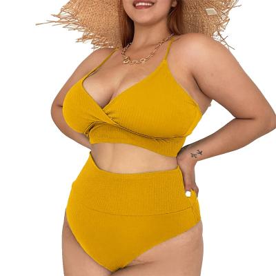 China Plus Size Women Spaghetti Strap Ribbed Cutout Surplice Bikini Swimwear High Waisted High Waisted Plus Size Tankini Swimwear for sale