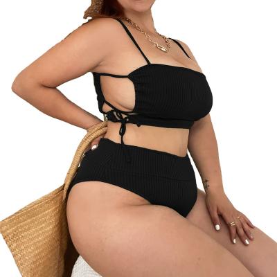 China Plus Size Women Tie Side String Bikini Set Ribbed Adjustable Swimsuit 2 Piece Set High Waisted Swimsuit for sale