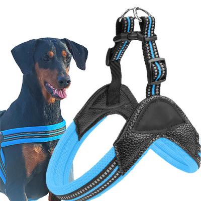 China Black Blue PU Dog Harness Leash Padded Puppy Harness And Leash Set for sale