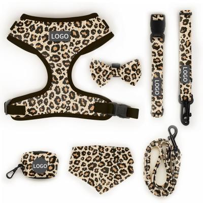 China Polyester Leopard Print Pet Harness Sets Logo Adjustable Collar Leash Mesh Dog Harness for sale