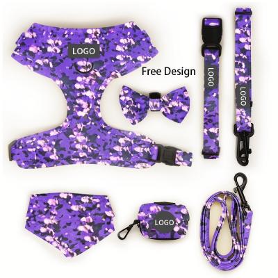 China Custom Print Pattern Designer Soft Padded Dog Harness Set with Adjustable Vest Collar Leash and Bow Bandana in Various Colors for sale