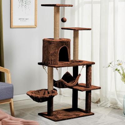 China Multi-level Platform Wooden Cat Scratching Tree With Hammock Sustainable SISAL and Eco-friendly for sale