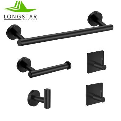 China Modern Stainless Steel Bathroom Hardware Set Black Silver Set of 5 Pieces Paper Towel Holder Robe Hook Towel Rack for sale