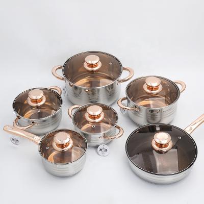 China Sustainable Quality 12pcs German Kitchen Pots For Cooking Set Stainless Steel Cookware Sets With Brown Glass Lid for sale