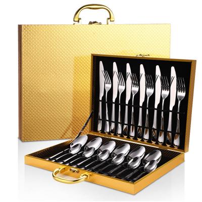 China Sustainable Drop Shipping 24 Pieces Stainless Steel Flatware Set With Gold Case Service For 6 Person for sale