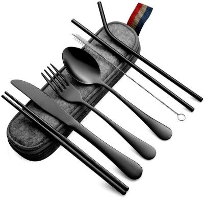 China Sustainable Portable Cutlery Set Stainless Steel Travel Flatware Outdoor Camping Utensils Set With Pocket for sale