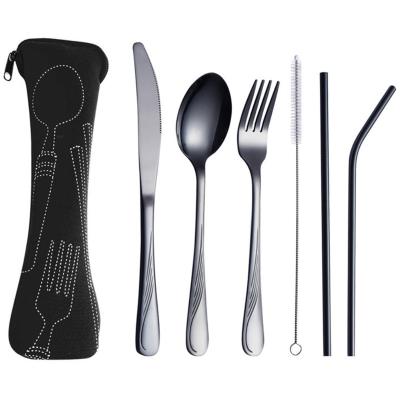 China Portable Sustainable Titanium Stainless Steel Camping Cutlery Set With Straws Bag for sale